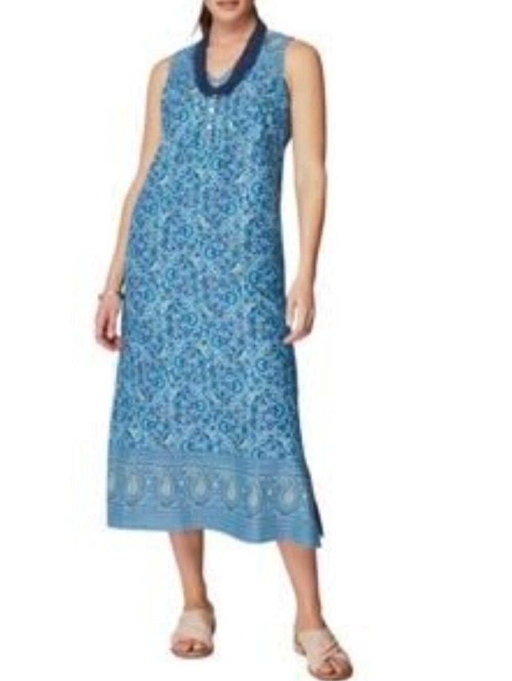 J. Jill Womens Paisley Floral Print Cotton Sleeveless Blue Midi Dress Size Small
